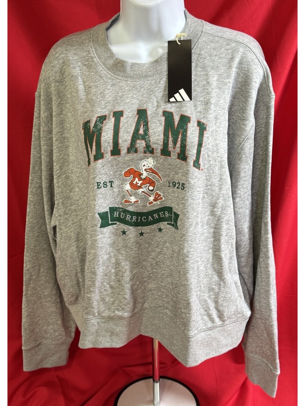 Adidas Miami Hurricanes Crewneck Sweatshirt Sebastian the Ibis Gray Mens XL NWT